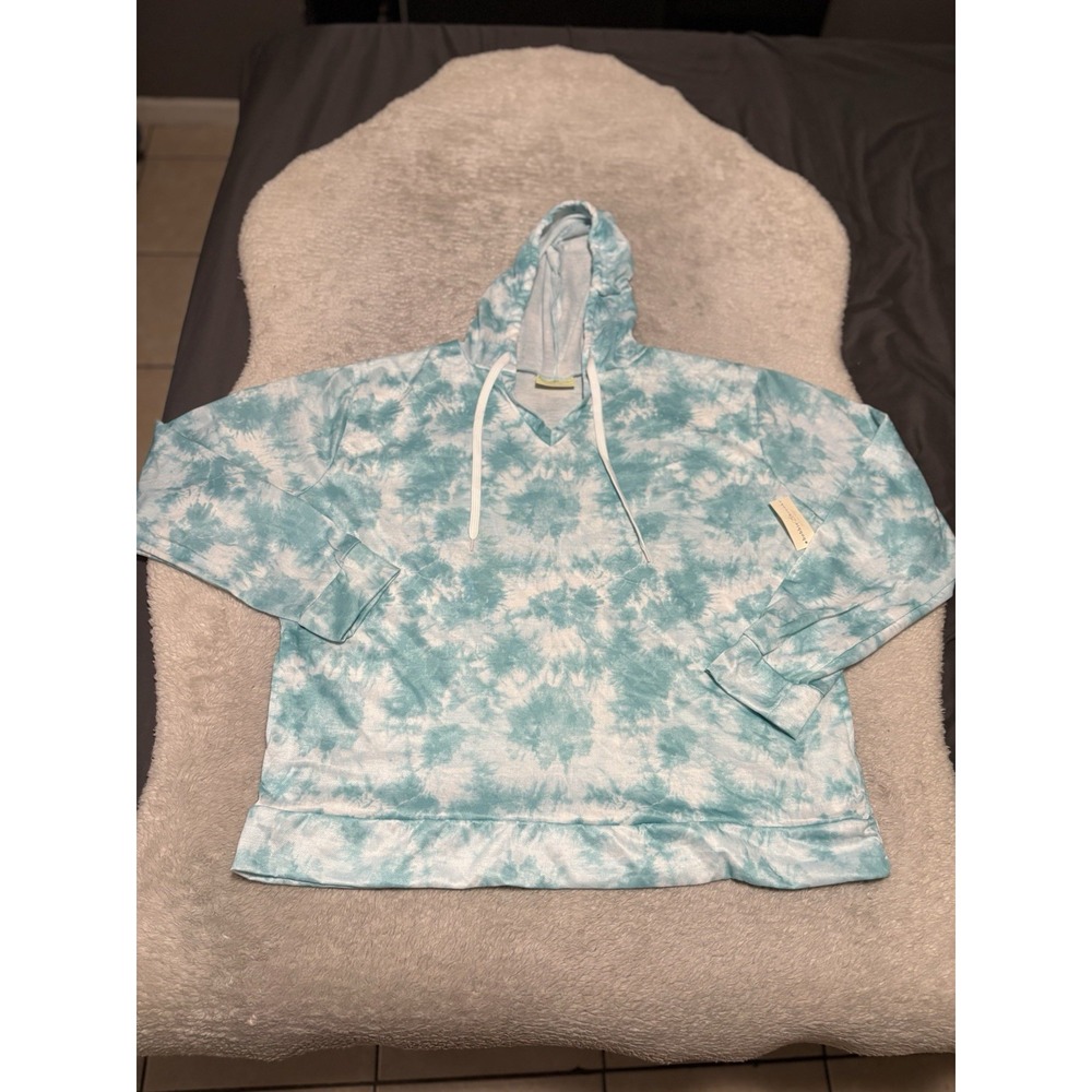 Bobbie Brooks 2X Hoodie Blue White Tie Dye Lightweight Pullover V-Neck NWT